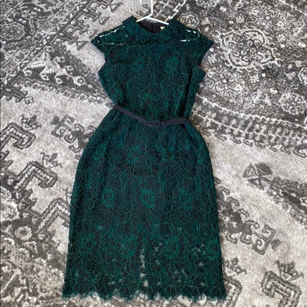 Stunning emerald and black lace sheath dress
